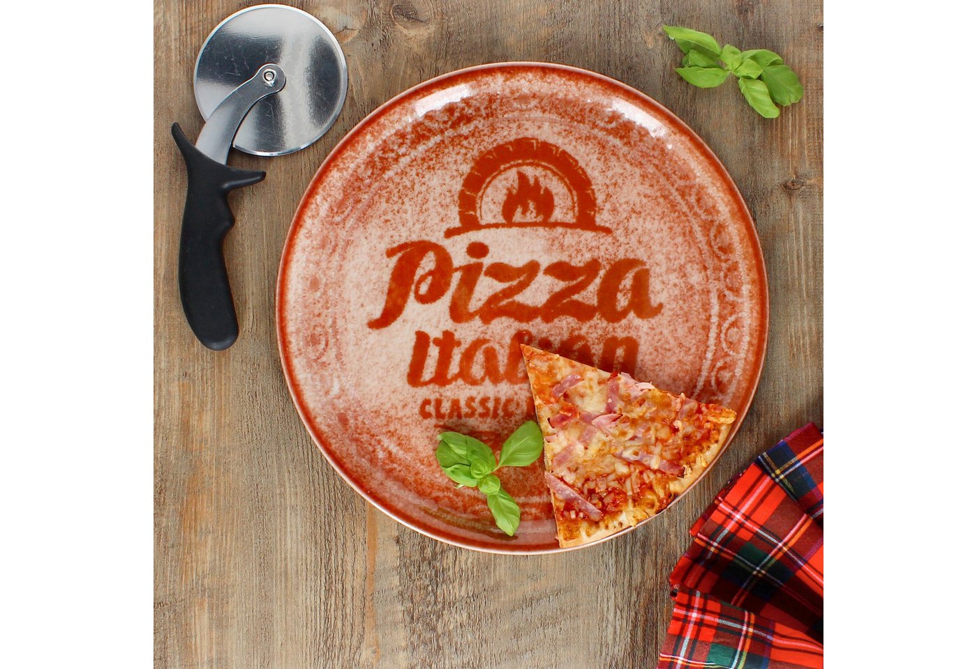 MamboCat Pizzateller 4x Pizzateller rot & schwarz Ø31cm 4 Personen XL-Teller Dekor Platte – Bild 3 von 5