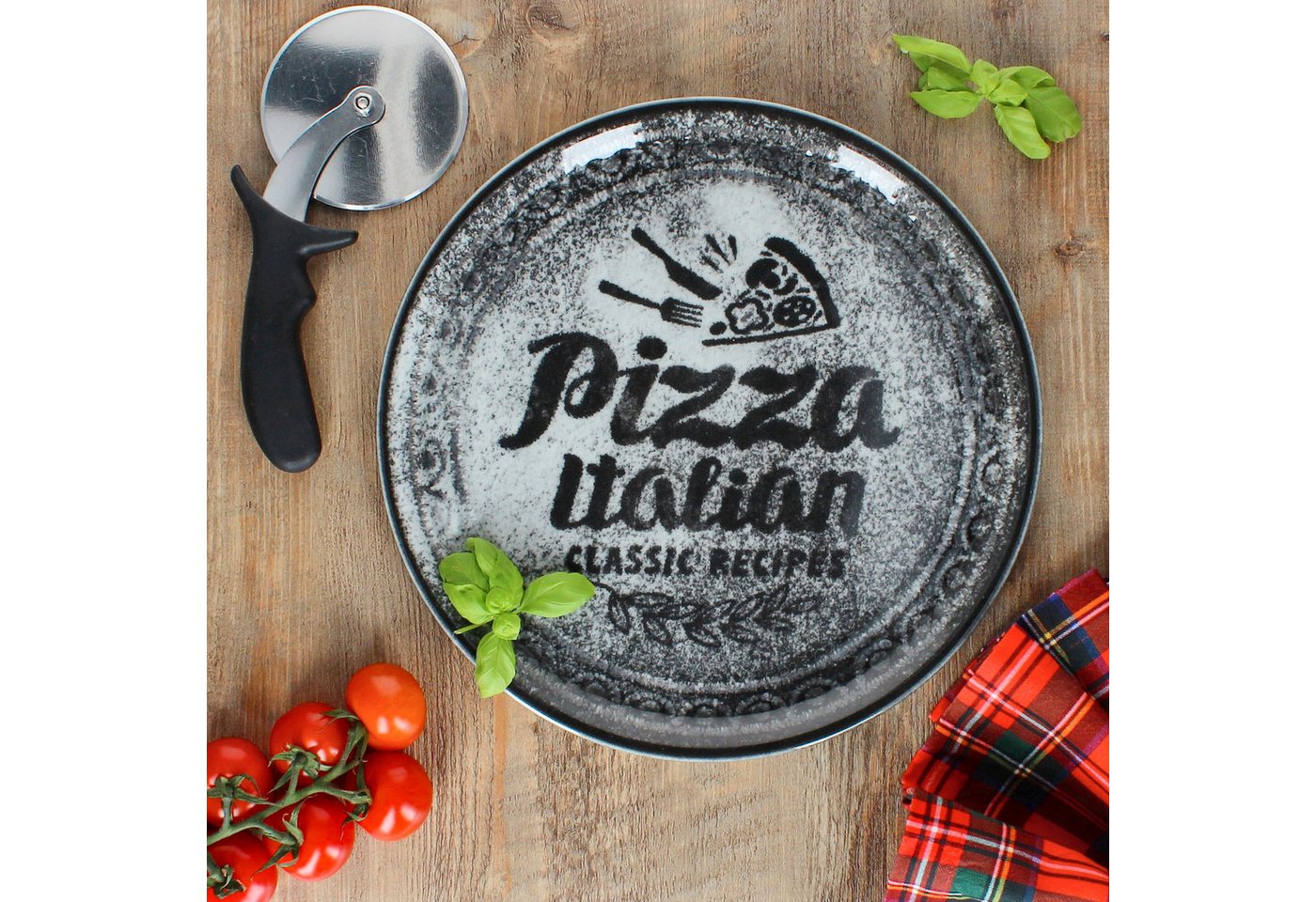 MamboCat Pizzateller 4x Pizzateller rot & schwarz Ø31cm 4 Personen XL-Teller Dekor Platte – Bild 4 von 5