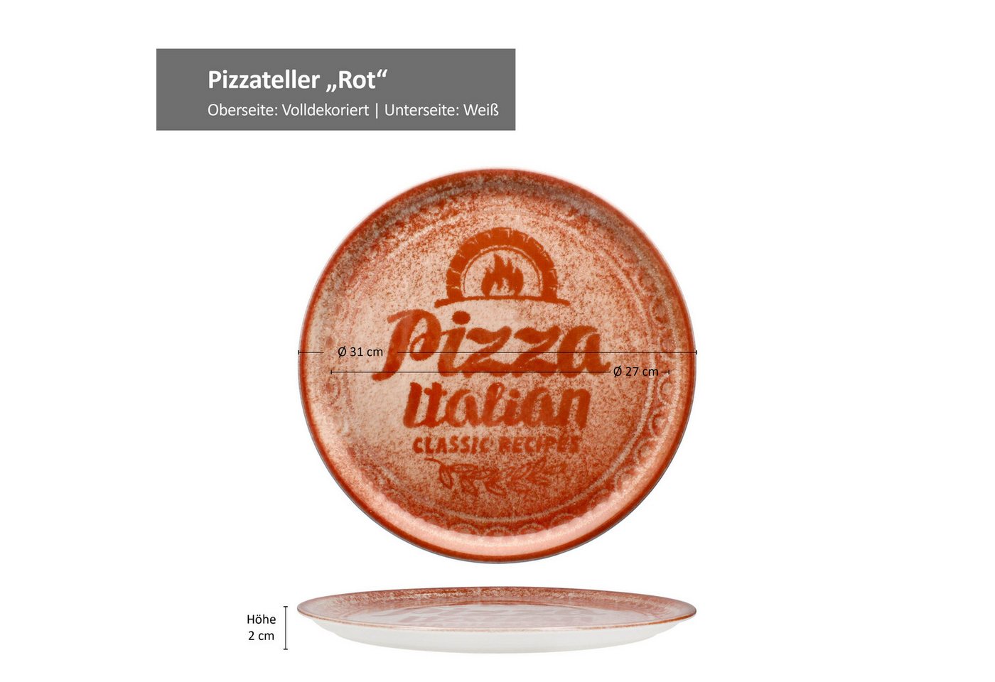 MamboCat Pizzateller 4x Pizzateller rot & schwarz Ø31cm 4 Personen XL-Teller Dekor Platte – Bild 5 von 5