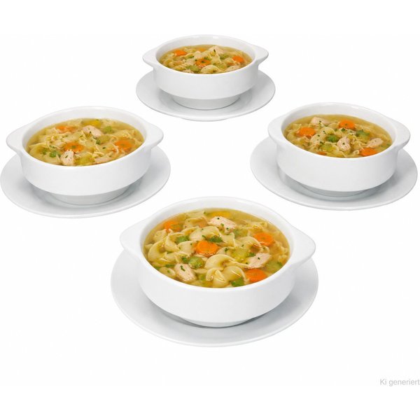 MamboCat Suppenschüssel STABIL 4er Set Suppentasse mit Henkeln & Untertasse Porzellan weiß, Porzellan
