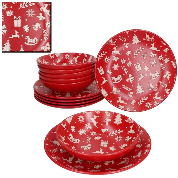 MamboCat Tafelservice 12tlg Tafelservice Advent 6Pers Essteller Suppenteller Rot Weihnachten, Steingut