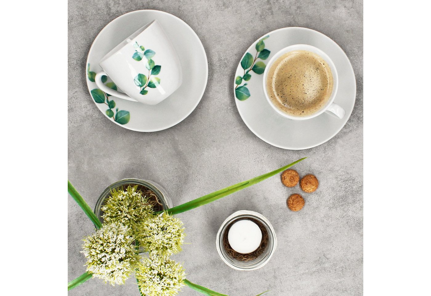 MamboCat Tasse 6er Set Eukalyptus Kaffeetassen mit Untertassen 6 Personen Porzellan, Porzellan – Bild 3 von 5