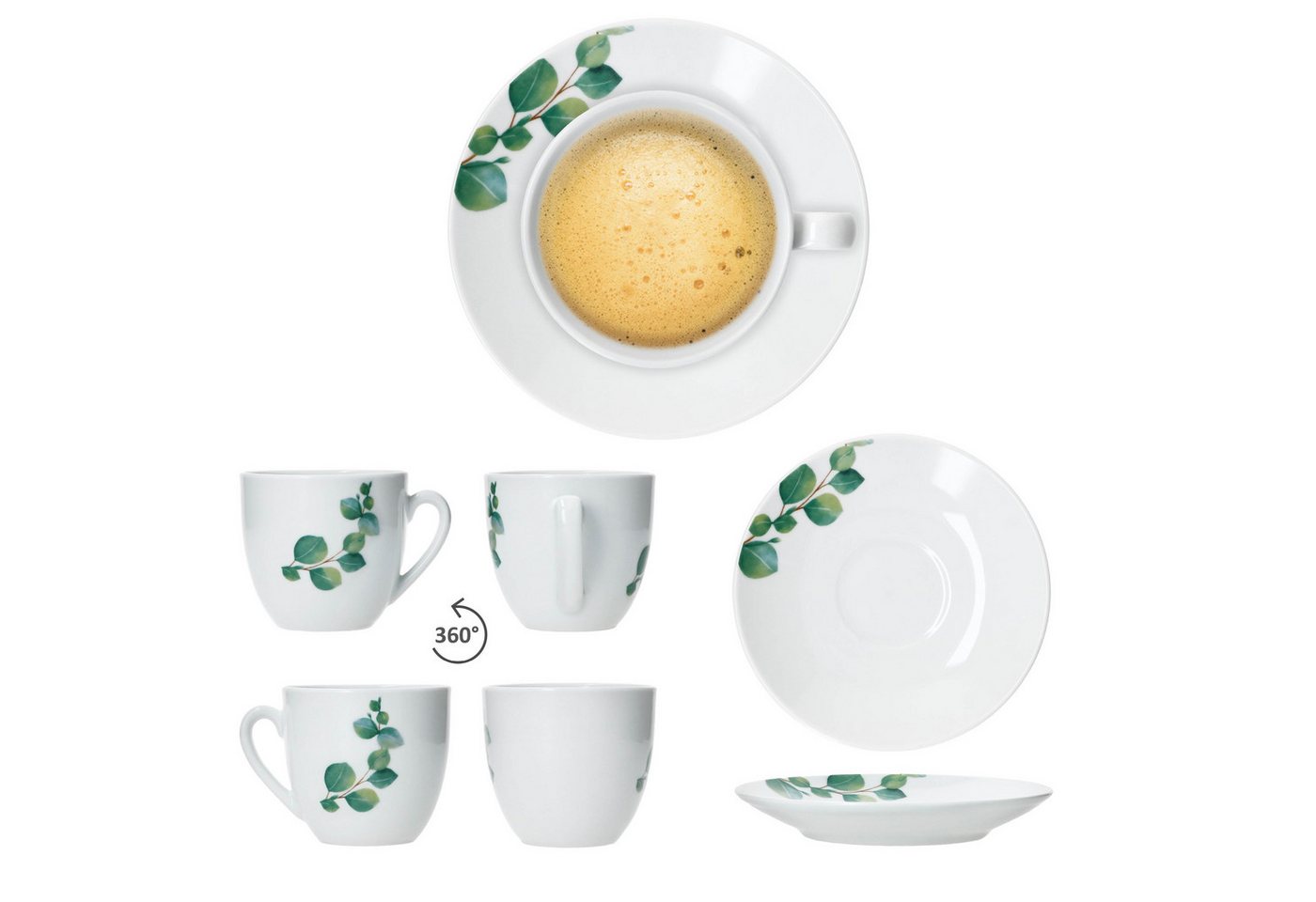 MamboCat Tasse 6er Set Eukalyptus Kaffeetassen mit Untertassen 6 Personen Porzellan, Porzellan – Bild 4 von 5