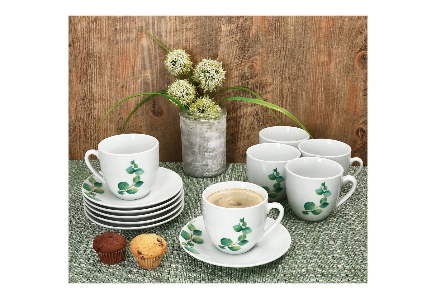 MamboCat Tasse 6er Set Eukalyptus Kaffeetassen mit Untertassen 6 Personen Porzellan, Porzellan – Bild 5 von 5