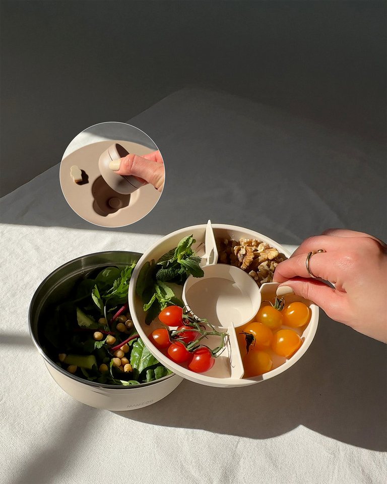 MAMEIDO Salatbox, Edelstahl, Kunststoff, Silikon, to-go mit 3 Fächern & auslaufsicherem Dressingbehälter in 1500 ml – Bild 3 von 3