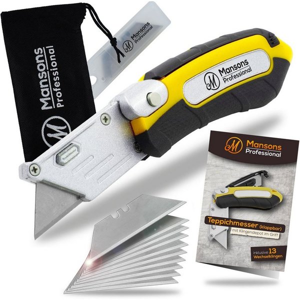 Mansons Cuttermesser Profi Cuttermesser klappbar, (Klappmesser mit Gürtelclip, Faltbares Teppichmesser Metall extra Scharf mit 13 Ersatzklingen), Universalmesse