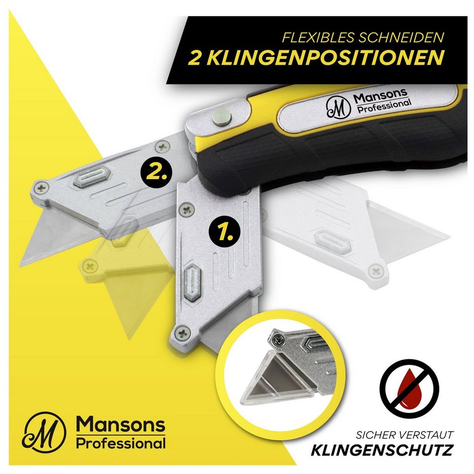 Mansons Cuttermesser Profi Cuttermesser klappbar, (Klappmesser mit Gürtelclip, Faltbares Teppichmesser Metall extra Scharf mit 13 Ersatzklingen), Universalmesse – Bild 2 von 4
