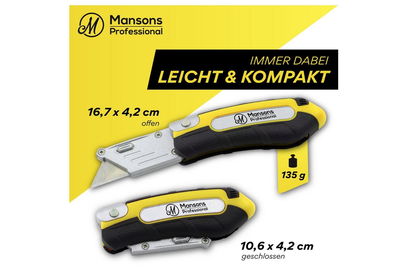 Mansons Cuttermesser Profi Cuttermesser klappbar, (Klappmesser mit Gürtelclip, Faltbares Teppichmesser Metall extra Scharf mit 13 Ersatzklingen), Universalmesse – Bild 3 von 4