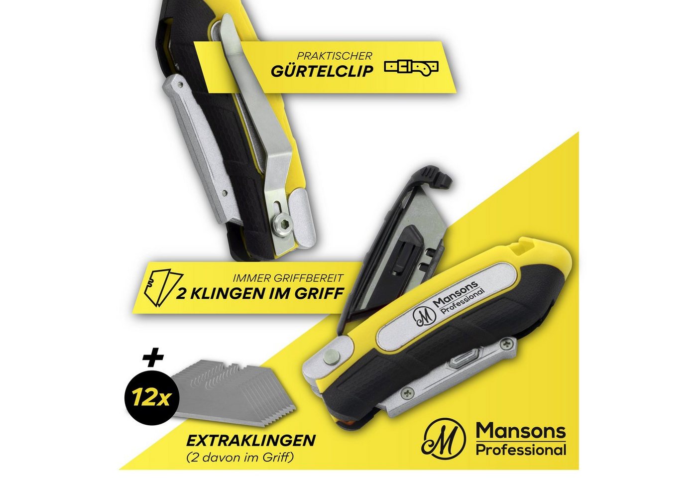 Mansons Cuttermesser Profi Cuttermesser klappbar, (Klappmesser mit Gürtelclip, Faltbares Teppichmesser Metall extra Scharf mit 13 Ersatzklingen), Universalmesse – Bild 4 von 4