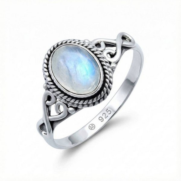 mantraroma Silberring BAGHIMI oval aus 925 Silber mit Regenbogen Mondstein (Ring mit Schmuckbeutel), Damenring aus 925er Silber