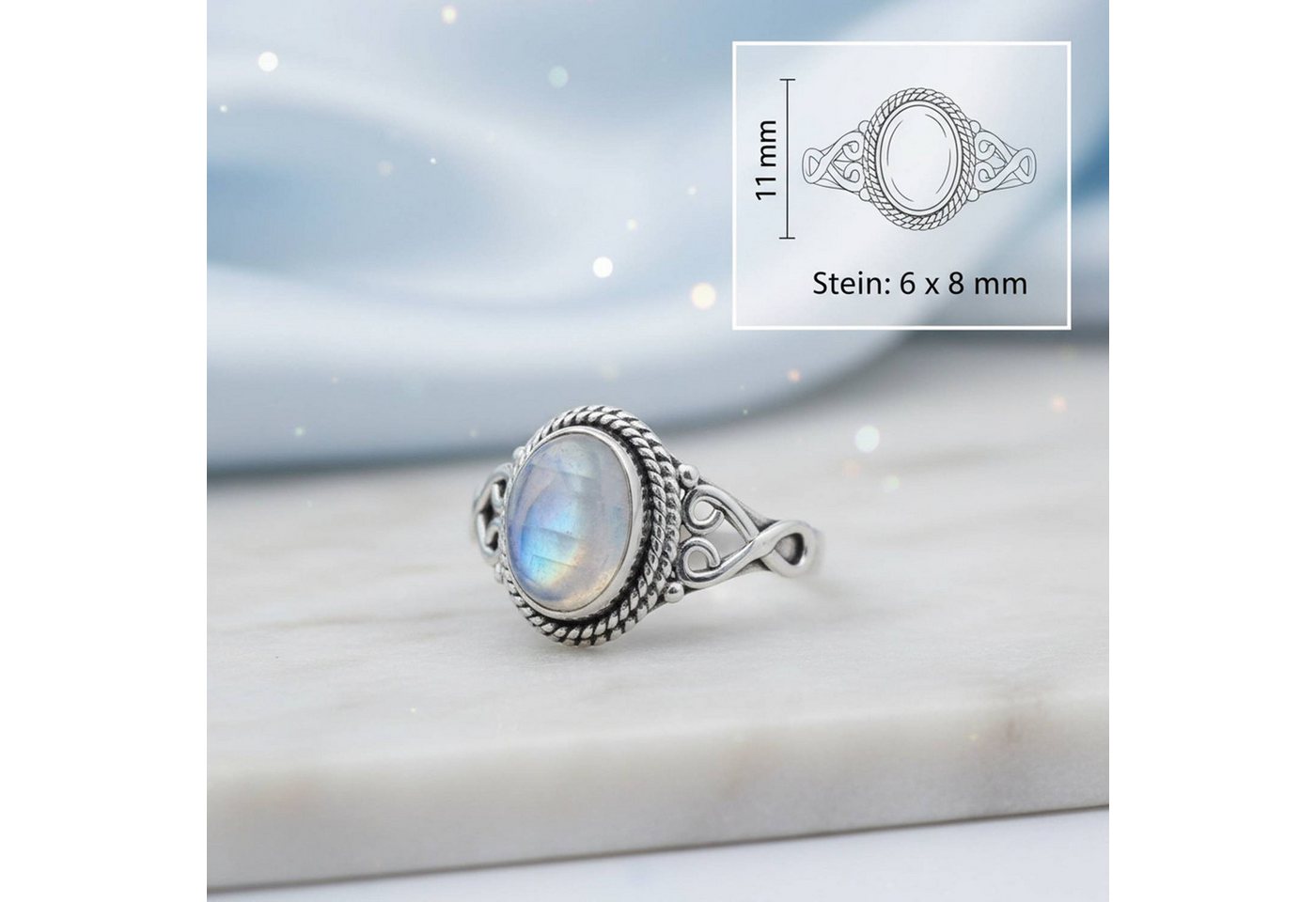 mantraroma Silberring BAGHIMI oval aus 925 Silber mit Regenbogen Mondstein (Ring mit Schmuckbeutel), Damenring aus 925er Silber – Bild 3 von 5