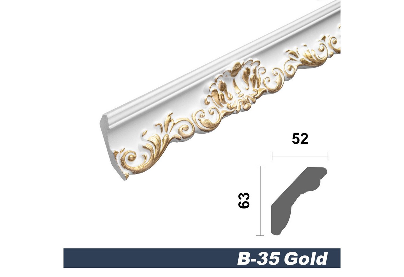 marbet design Stuckleiste, 2 Meter, Deckenleisten Sparpaket aus Styropor EPS - Stuckleisten gemustert gold-weiß, leicht im traditionellen Design - 1 Stück / 2 M – Bild 2 von 5