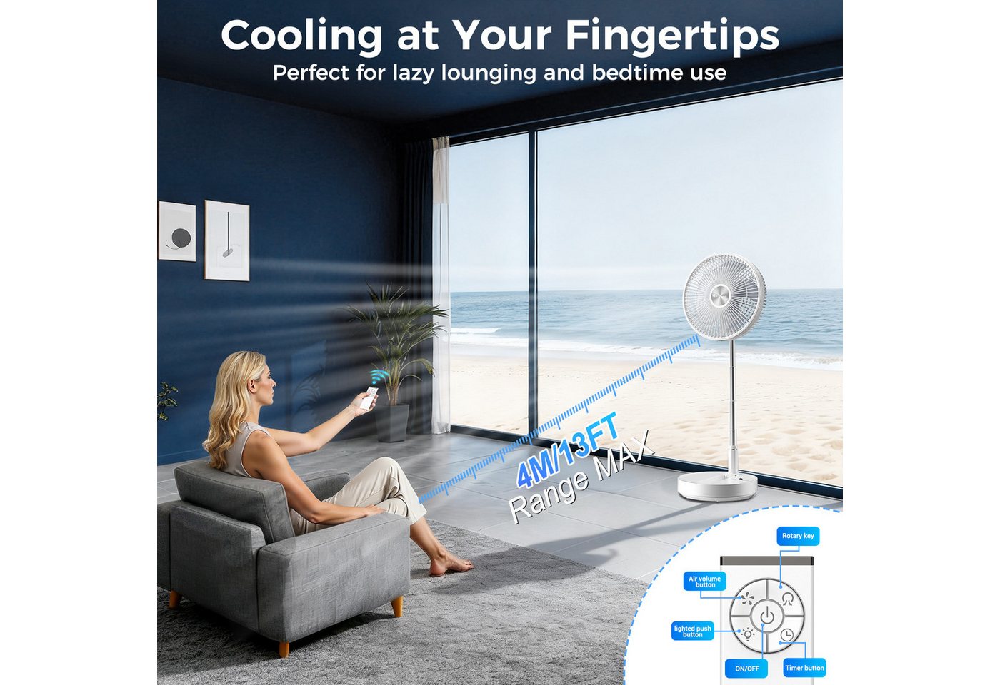Marchpower Akku-Standventilator leise Standventilator mit Fernbedienung Timer klappbar Ventilator, akku Ventilator höhenverstellbar bis 97cm für Schlafzimmer Bü – Bild 5 von 5