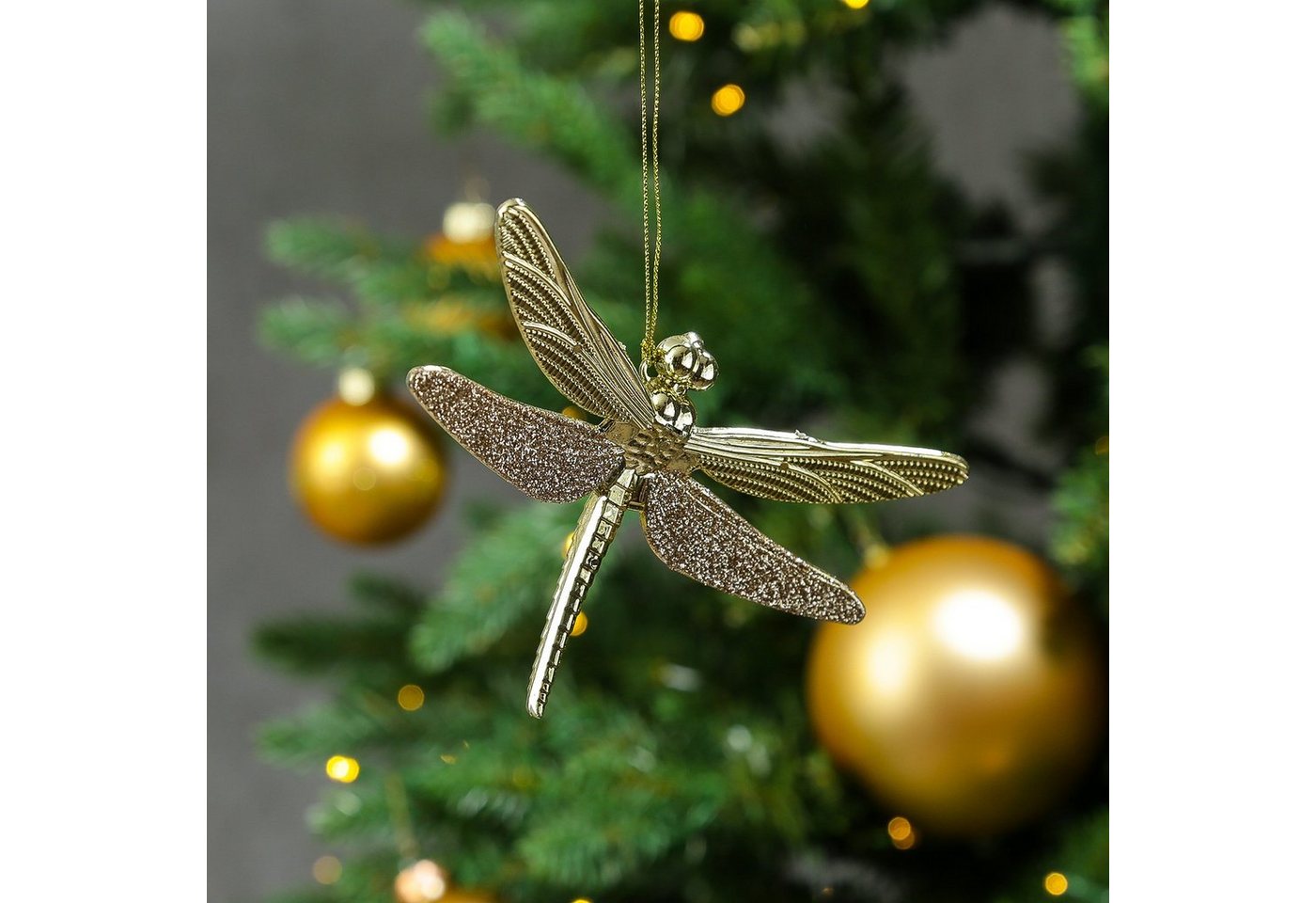 MARELIDA Christbaumschmuck Weihnachtsbaumschmuck Libelle mit Glitzer L: 14cm gold glänzend – Bild 2 von 2