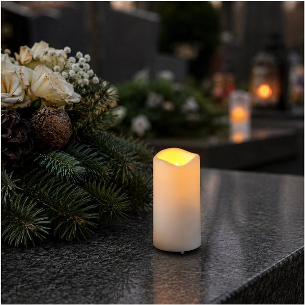 MARELIDA LED-Kerze Grabkerze Mini Stumpenkerze H: 10cm D: 5cm Timer Sensor bis 750h weiß, LED Classic, gelb