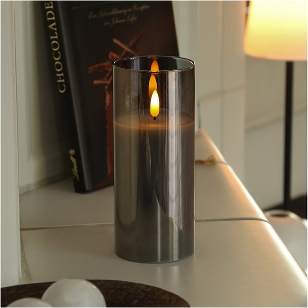 MARELIDA LED-Kerze im Glas LED Windlicht Echtwachs flackernd Timer H: 17,5cm grau, LED Classic, warmweiß (2100K bis 3000K)