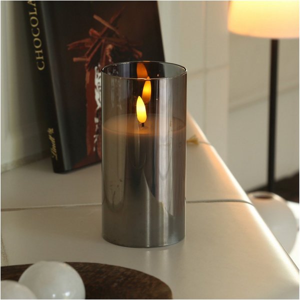 MARELIDA LED-Kerze im Glas LED Windlicht Echtwachs flackernd Timer H: 15cm rund grau, LED Classic, warmweiß (2100K bis 3000K)
