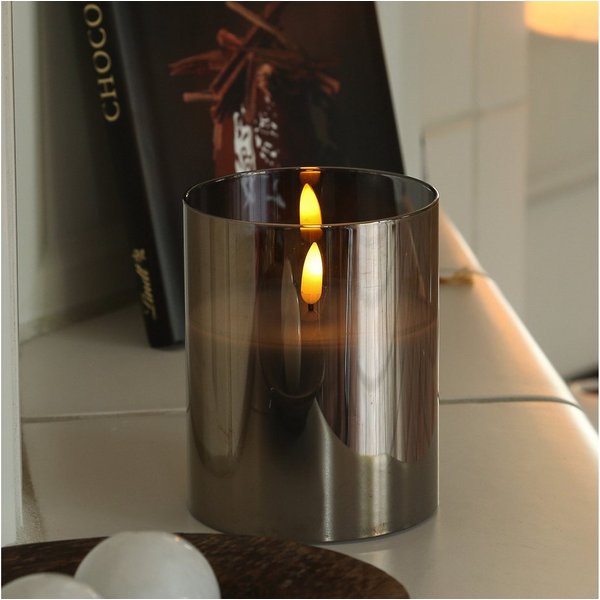 MARELIDA LED-Kerze im Glas LED Windlicht Echtwachs Timer H: 12,5cm D: 10cm grau, LED Classic, warmweiß (2100K bis 3000K)