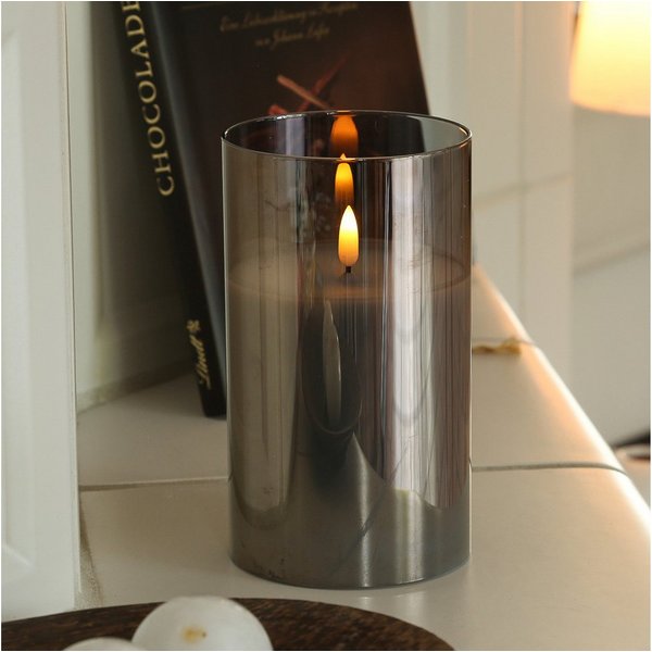 MARELIDA LED-Kerze LED Kerze im Glas Windlicht Echtwachs Timer H: 17,5cm D: 10cm grau, LED Classic, warmweiß (2100K bis 3000K)
