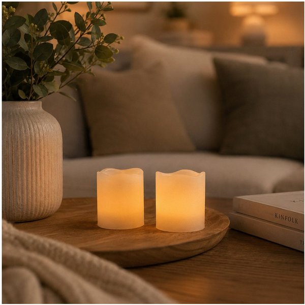 MARELIDA LED-Kerze LED Kerzenset Mini Echtwachs flackernd mit Batterien H: 6cm D: 5cm 2St, gelb