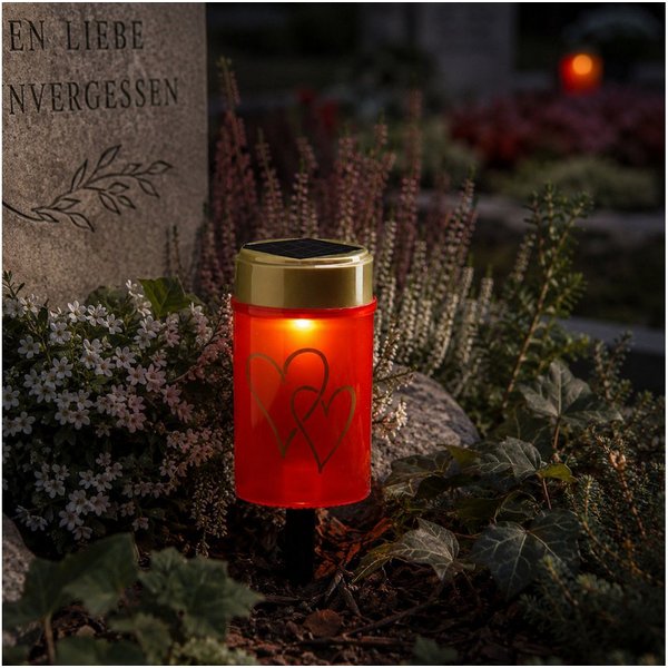 MARELIDA LED-Kerze LED Solar Grablicht Grabkerze Herz Grableuchte H: 12cm rot Lichtsensor, LED Classic, warmweiß