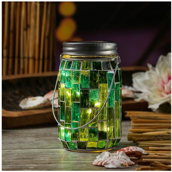 MARELIDA LED Solarleuchte LED Solar Glas Einmachglas mit Mosaik Tischleuchte Lichtsensor grün, LED Classic, warmweiß (2100K bis 3000K)