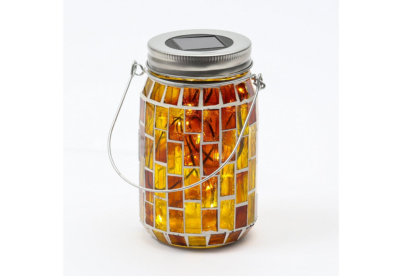 MARELIDA LED Solarleuchte LED Solar Glas Einmachglas mit Mosaik Tischleuchte Lichtsensor gelb, LED Classic, warmweiß (2100K bis 3000K) – Bild 2 von 3