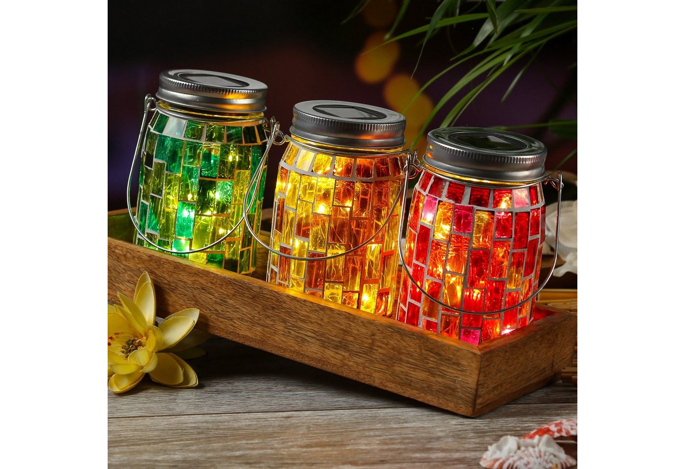 MARELIDA LED Solarleuchte LED Solar Glas Einmachglas mit Mosaik Tischleuchte Lichtsensor gelb, LED Classic, warmweiß (2100K bis 3000K) – Bild 3 von 3
