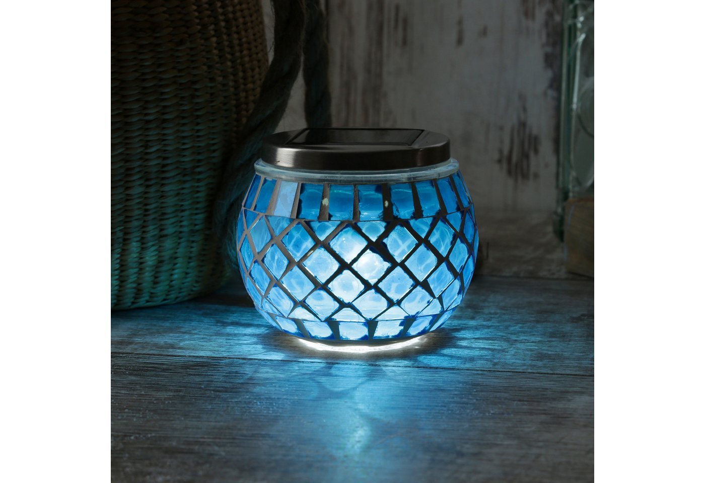 MARELIDA LED Solarleuchte Solar Windlicht Mosaik Glas Solarglas Mosaikleuchte für Balkon blau, LED Classic, kaltweiss (5300K bis 6000K) – Bild 3 von 5