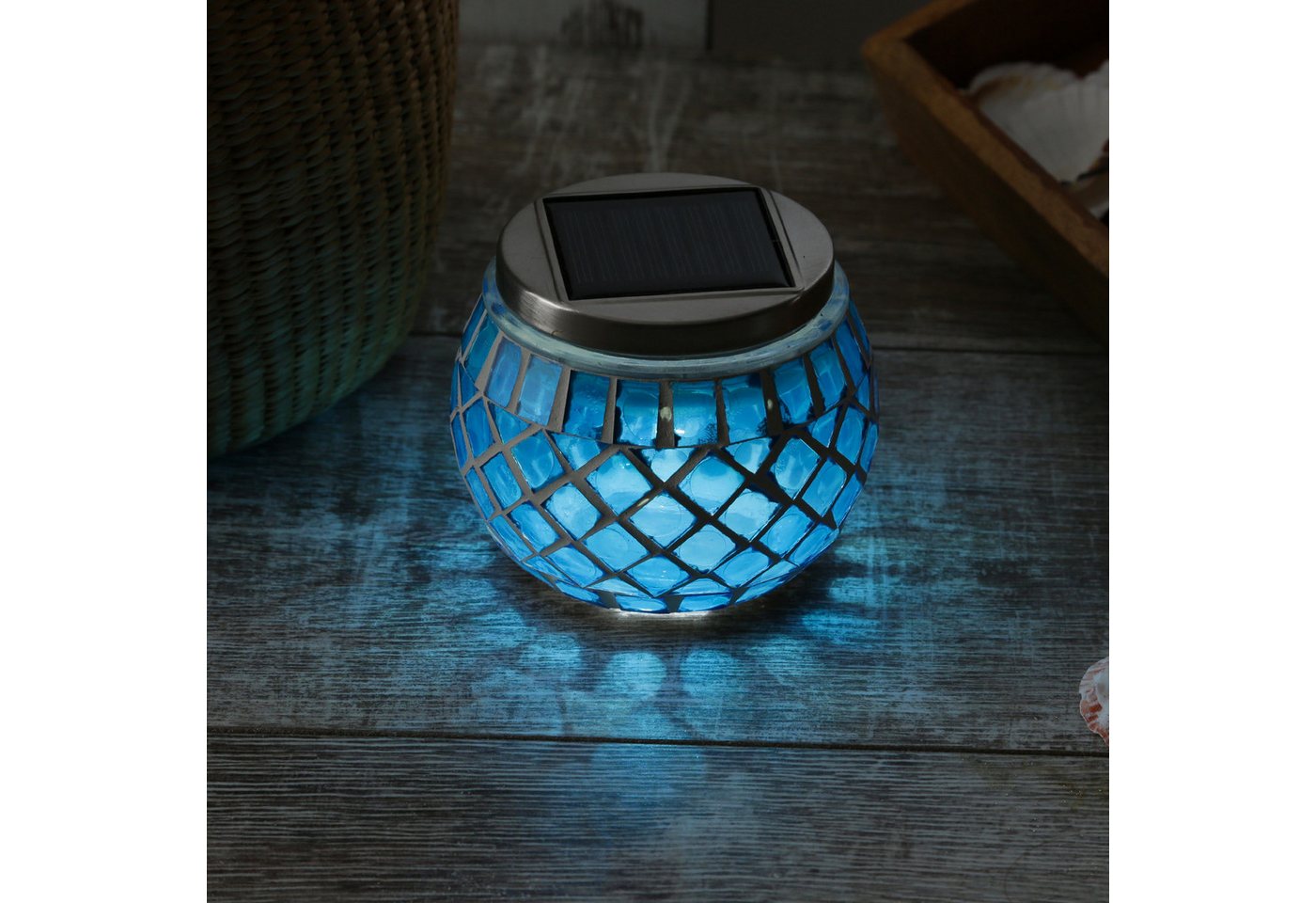 MARELIDA LED Solarleuchte Solar Windlicht Mosaik Glas Solarglas Mosaikleuchte für Balkon blau, LED Classic, kaltweiss (5300K bis 6000K) – Bild 5 von 5