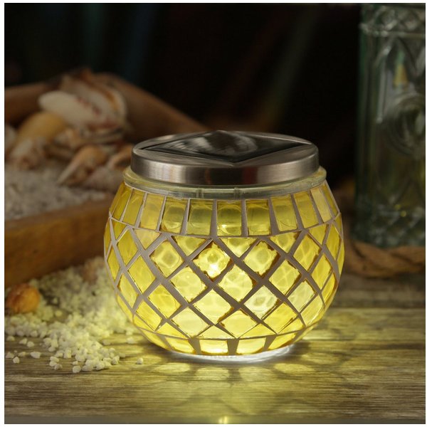 MARELIDA LED Solarleuchte Solar Windlicht Mosaik Glas Solarglas Mosaikleuchte für Balkon gelb, LED Classic, kaltweiss (5300K bis 6000K)