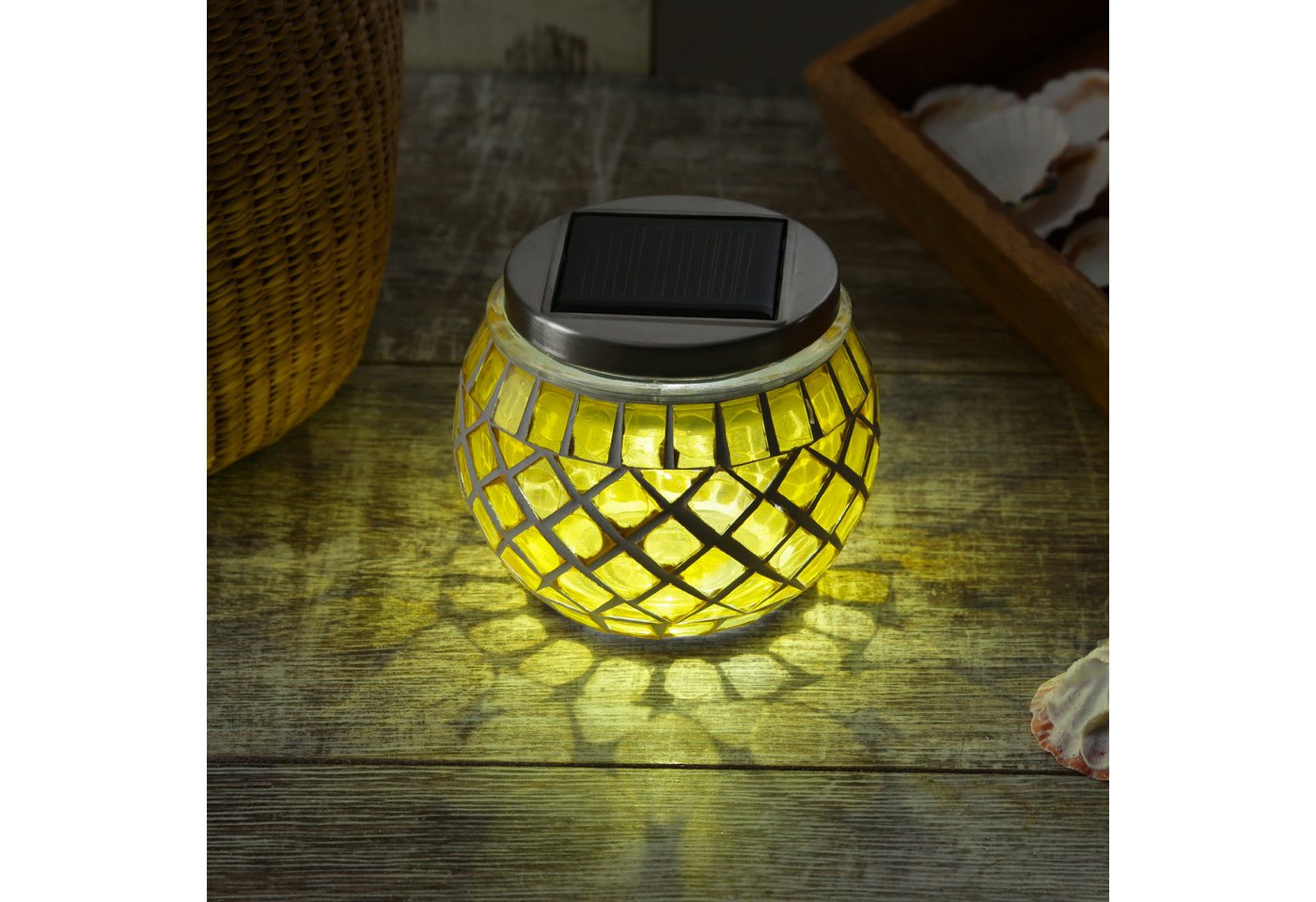 MARELIDA LED Solarleuchte Solar Windlicht Mosaik Glas Solarglas Mosaikleuchte für Balkon gelb, LED Classic, kaltweiss (5300K bis 6000K) – Bild 3 von 5