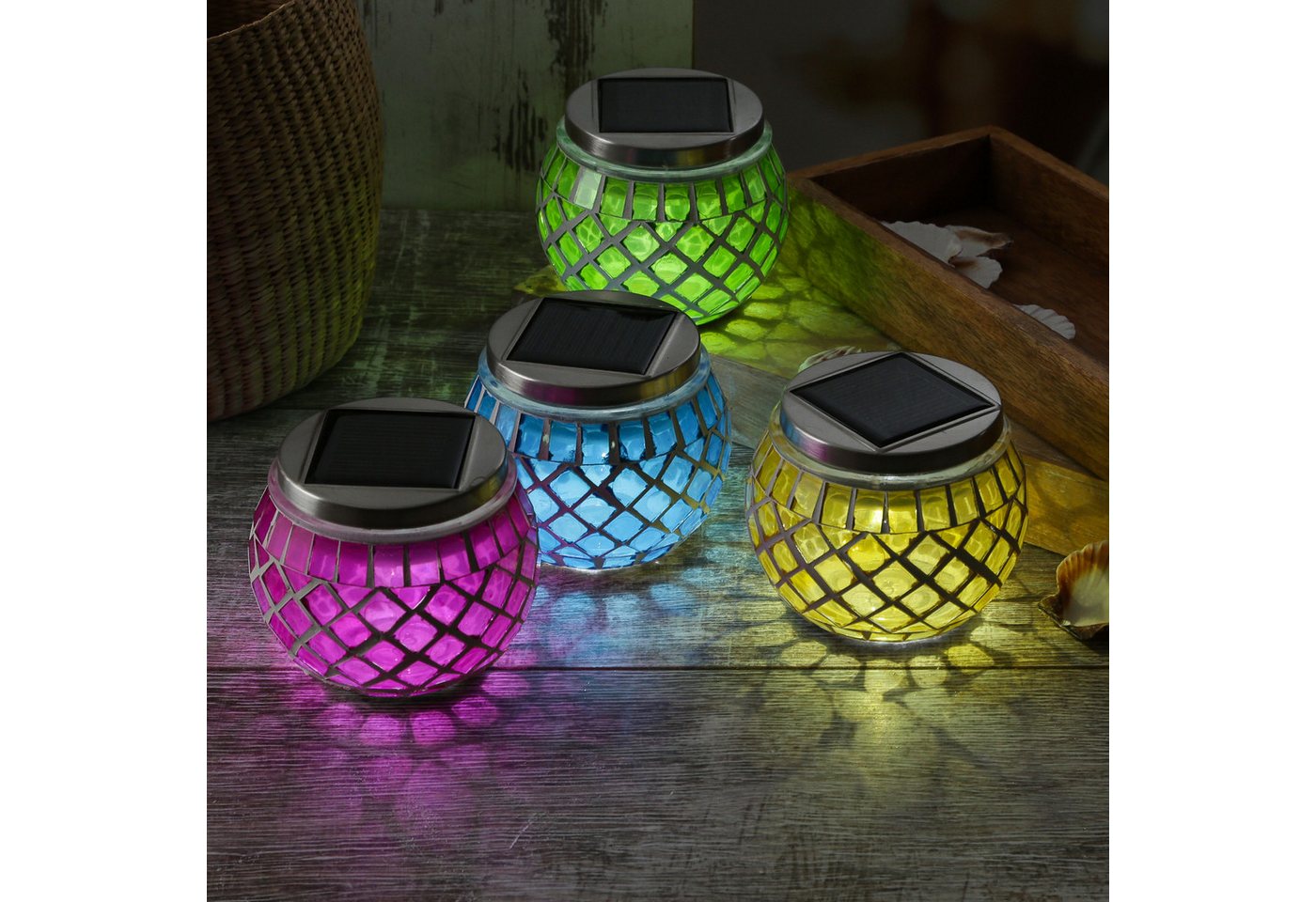MARELIDA LED Solarleuchte Solar Windlicht Mosaik Glas Solarglas Mosaikleuchte für Balkon gelb, LED Classic, kaltweiss (5300K bis 6000K) – Bild 5 von 5