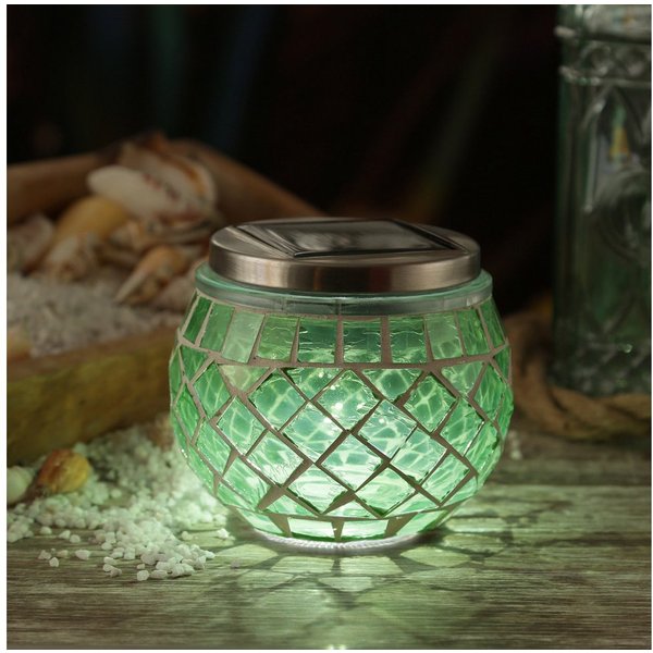 MARELIDA LED Solarleuchte Solar Windlicht Mosaik Glas Solarglas Mosaikleuchte für Balkon grün, LED Classic, kaltweiss (5300K bis 6000K)