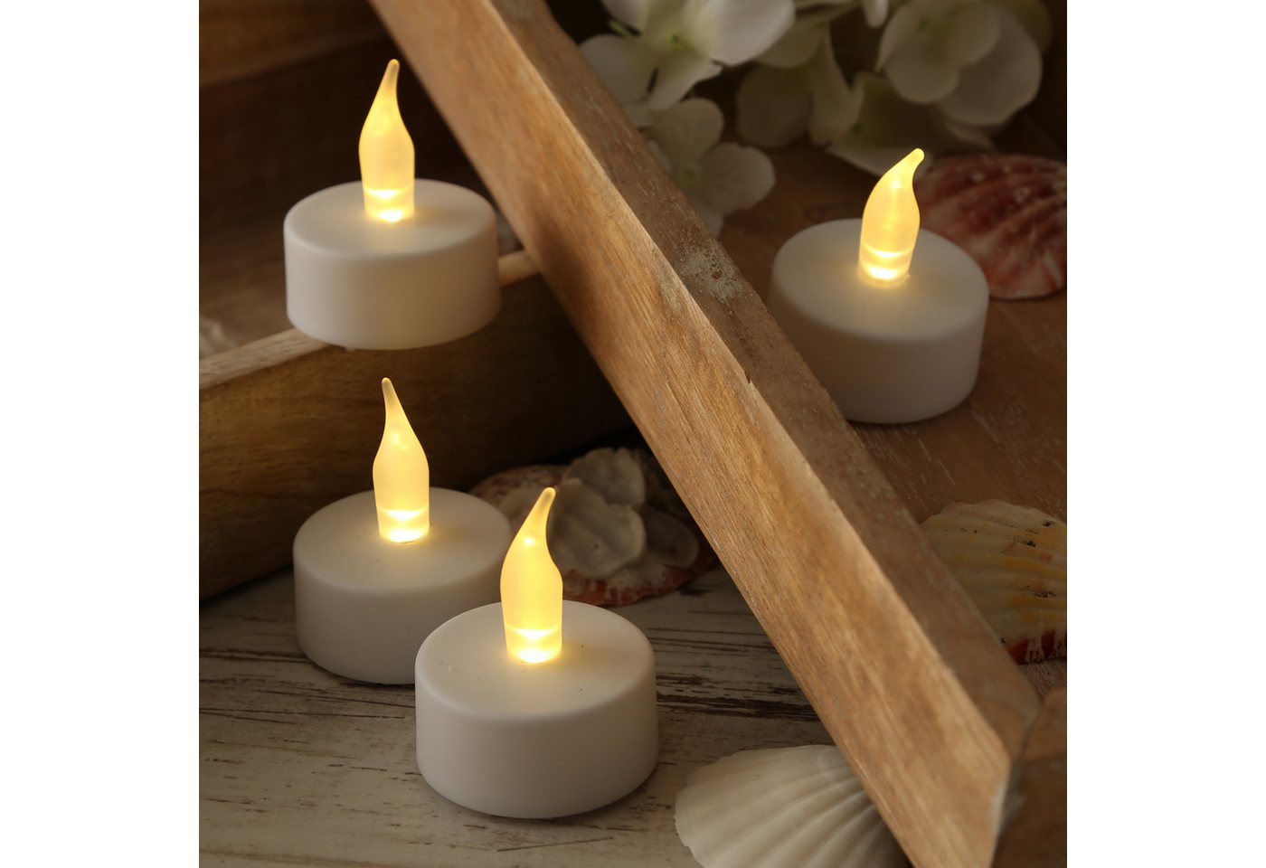 MARELIDA LED-Teelicht LED Teelichter gelb flackernd Kunststoff D: 3,7cm mit Batterien 4 Stk., LED Classic, warmweiß (2100K bis 3000K) – Bild 2 von 3