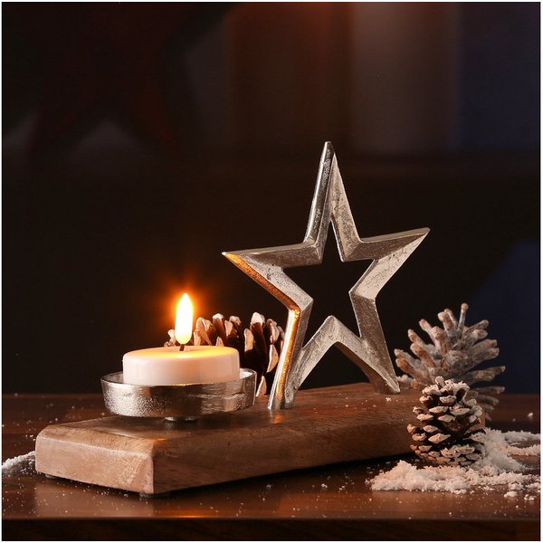 MARELIDA Teelichthalter Teelichthalter STERN Kerzenhalter Alu Mangoholzsockel Weihnachten (1 St)