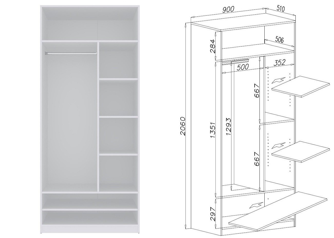 Marmex Möbel Garderobenschrank TRES SET E/B offener Kleiderschrank 2 Kleiderstangen 200x206x51 (3-St) drei Schubladen, viel Stauraum – Bild 2 von 5
