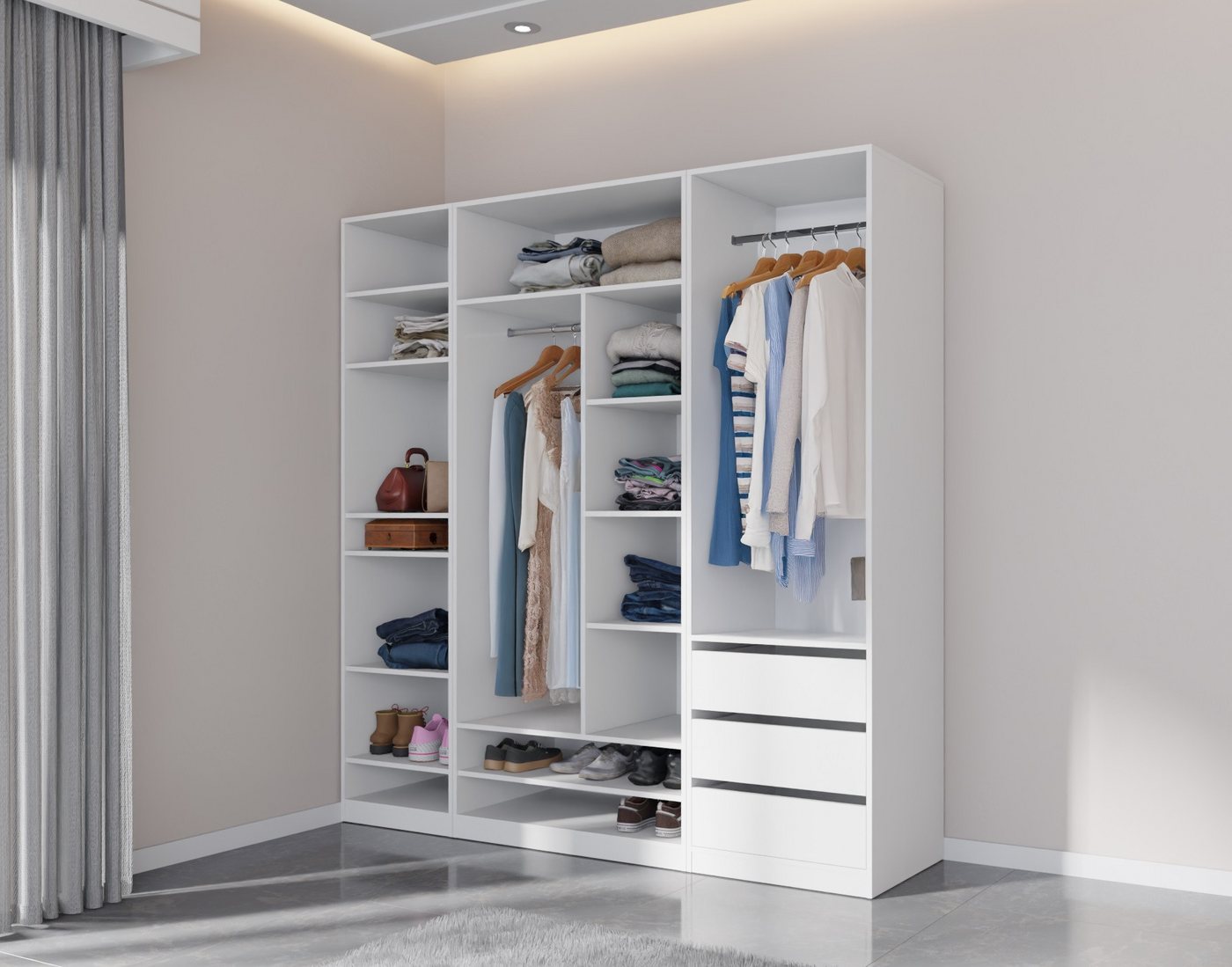 Marmex Möbel Garderobenschrank TRES SET E/B offener Kleiderschrank 2 Kleiderstangen 200x206x51 (3-St) drei Schubladen, viel Stauraum – Bild 5 von 5