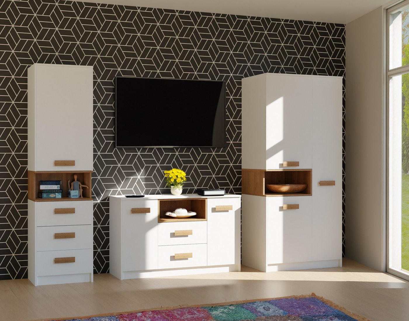 Marmex Möbel Kombikommode Grant G5 Kommode mit Schubladen und zwei Schranktüren Soft-Close, Schubladenkommode, TV-Schrank, Kabeldurchführung – Bild 4 von 5