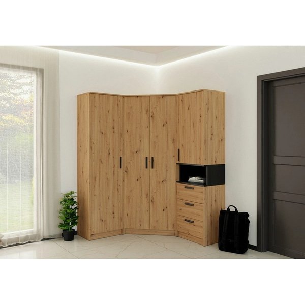 Marmex Möbel Schrank-Set GRANT SET 45A Eckkleiderschrank Drehtürenschrank Regal, (3-St), Scharniere-Soft-Close, Schubladen, ausziehbare Kleiderstange