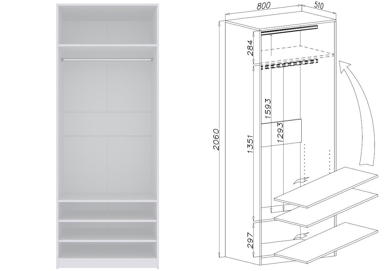 Marmex Möbel Schrank-Set TRES SET S/B offener Kleiderschrank Eckgarderobe Ankleidezimmer, (5-St), 6 Schubladen, 6 Kleiderstangen – Bild 3 von 5