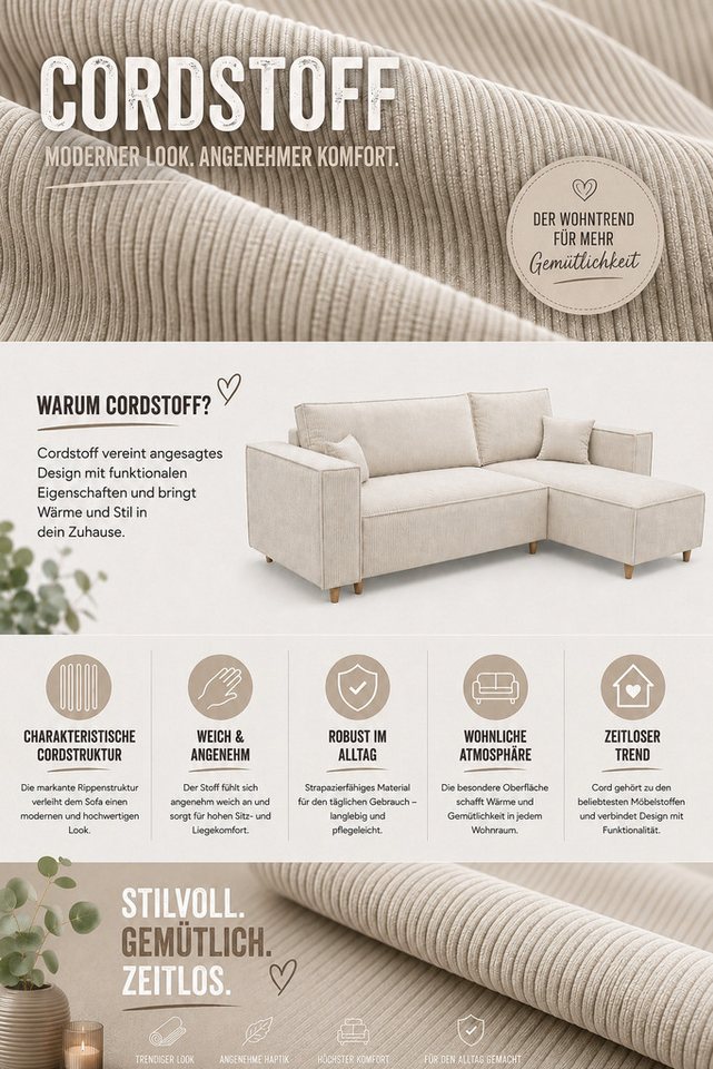 MARPUR Ecksofa RIO aus Cordstoff mit Schlaffunktion und Bettkasten, L-Form Couch, Universal Ottomane, in 7 trendigen Farben wählbar – Bild 5 von 5