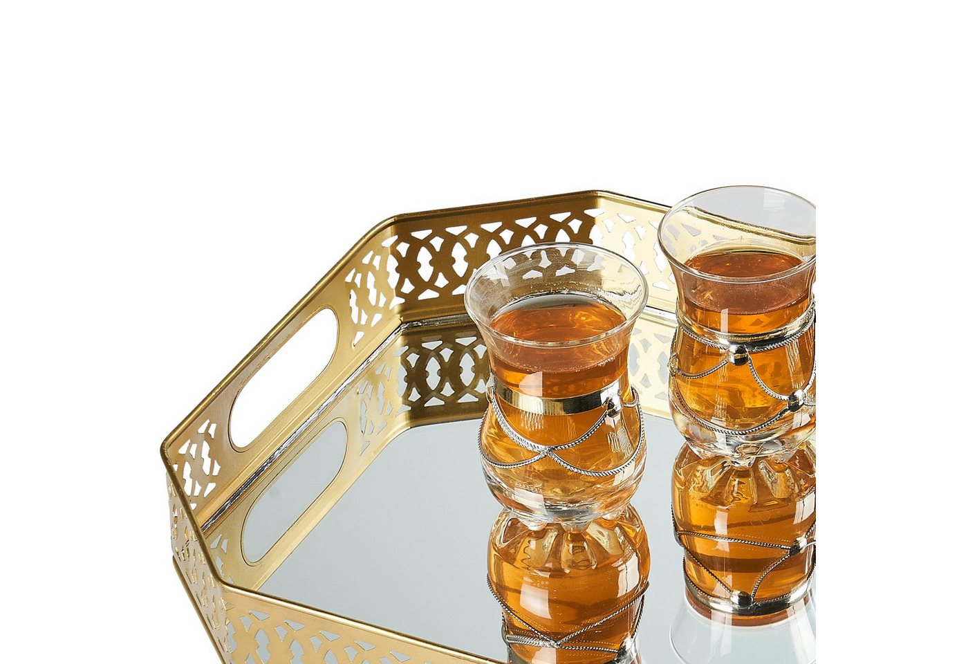 Marrakesch Orient & Mediterran Interior Dekotablett Vassoio a specchio Agata in ferro, stile orientale, colore oro 34 cm (1 St), Handarbeit – Bild 4 von 5