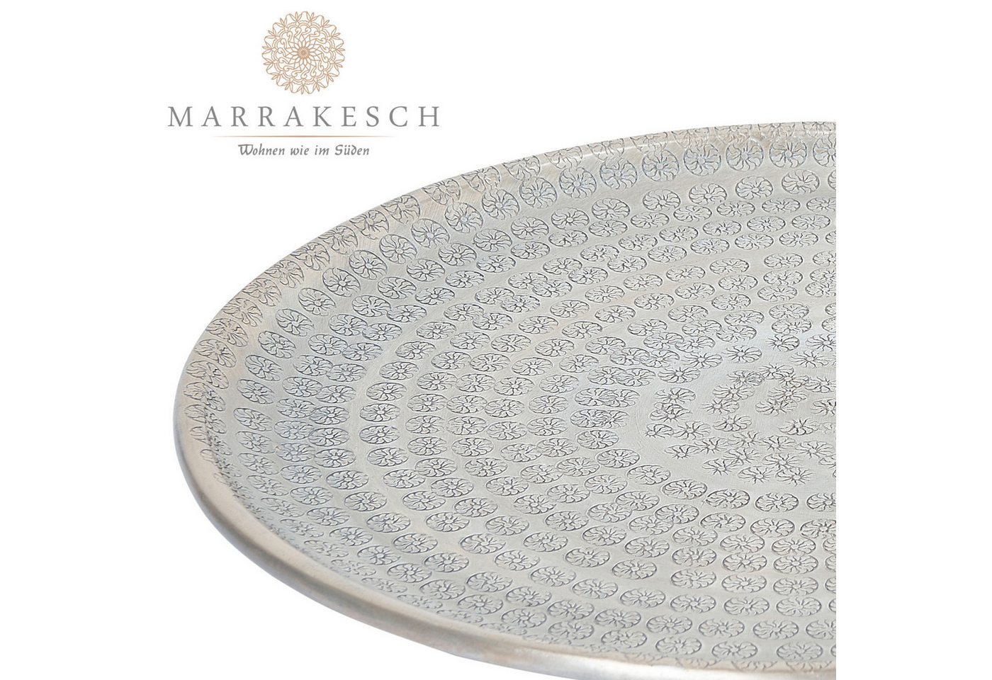 Marrakesch Orient & Mediterran Interior Dekotablett Tablett Jinan im Vintage-Stil aus Aluminium gefertigt, in Silber 30 cm (1 St), Handarbeit – Bild 3 von 5