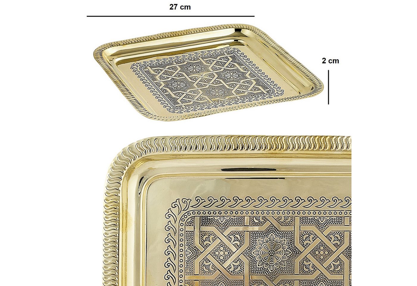 Marrakesch Orient & Mediterran Interior Dekotablett Tablett Nacera aus Metall, zum Servieren und Dekorieren, in Gold 27 cm (1 St), Handarbeit – Bild 2 von 5