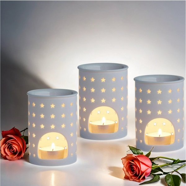 Marrakesch Orient & Mediterran Interior Duftlampe Duftlampen Tuan -4- im 3er-Set aus weißer, glasierter Keramik 11,8 cm (3 St), Handarbeit