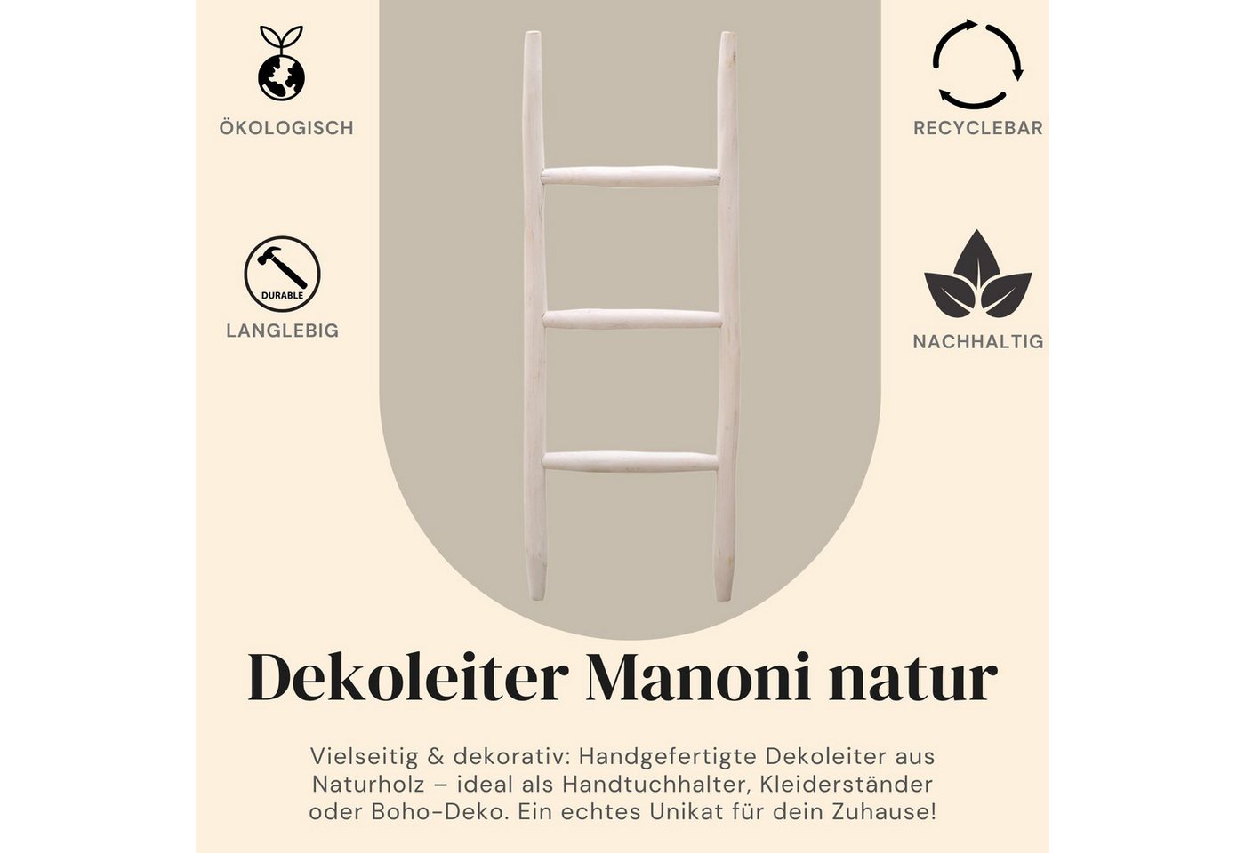 Marrakesch Orient & Mediterran Interior Handtuchhalter Échelle décorative Manoni en bois brun, porte-serviette, montée, 92 cm, Handarbeit – Bild 4 von 5