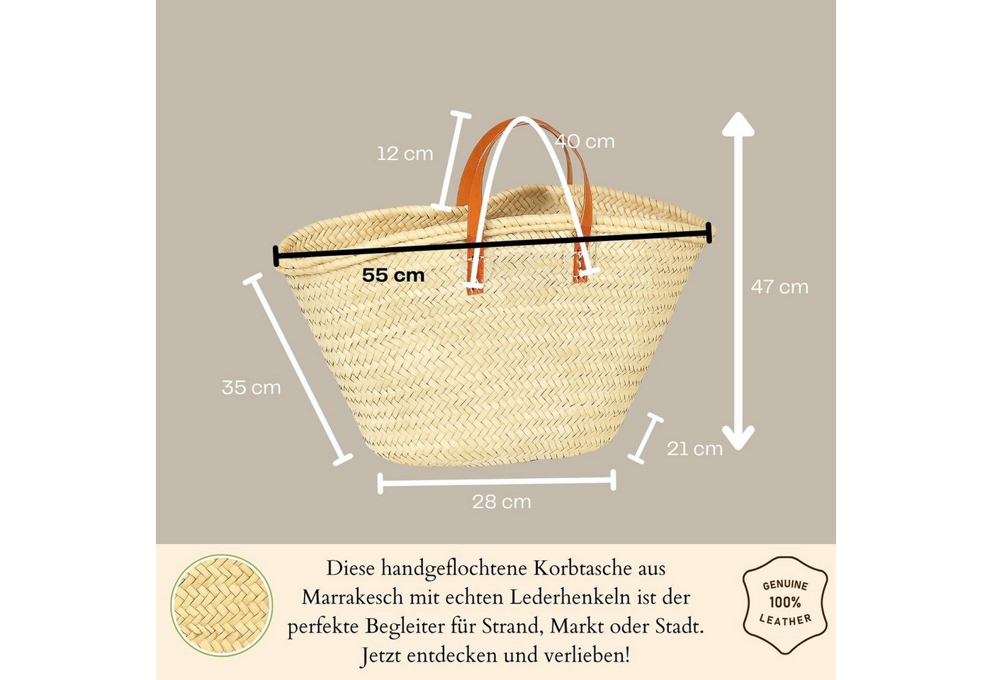 Marrakesch Orient & Mediterran Interior Korbtasche Capazo Cestal corto de hoja de palma y cuero, artesanal, natural 55 cm (1-tlg), Handarbeit – Bild 2 von 5
