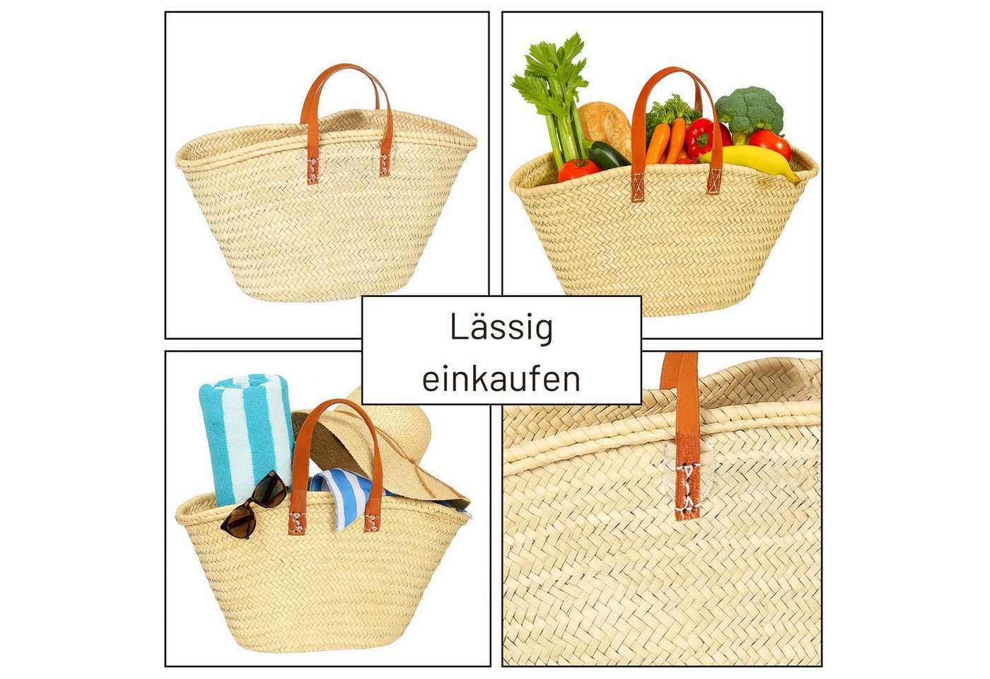 Marrakesch Orient & Mediterran Interior Korbtasche Capazo Cestal corto de hoja de palma y cuero, artesanal, natural 55 cm (1-tlg), Handarbeit – Bild 4 von 5