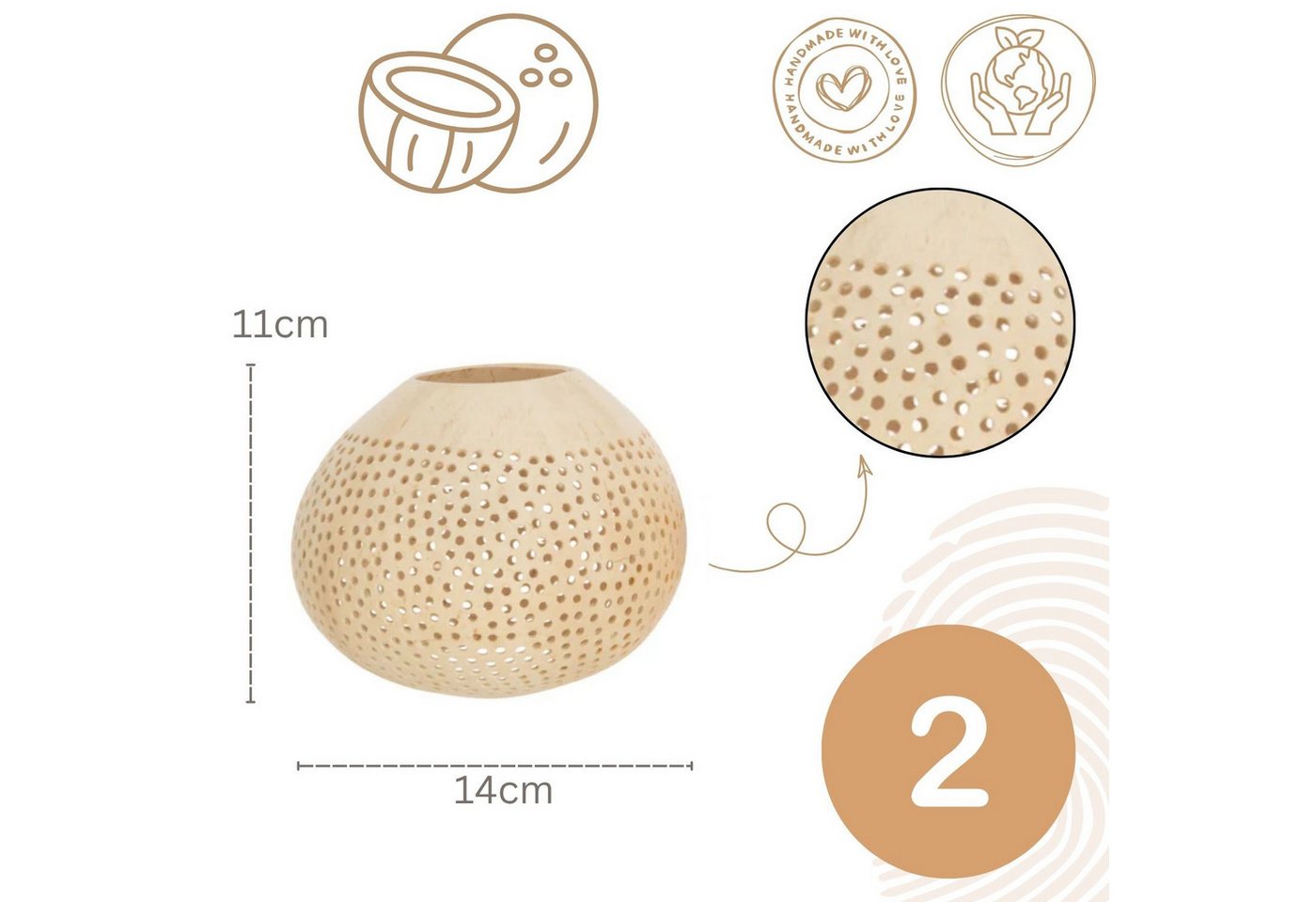 Marrakesch Orient & Mediterran Interior Teelichthalter Photophores en noix de coco J-Line lot de 2, beige, ajourés, 14 cm (2 St), Handarbeit – Bild 3 von 5